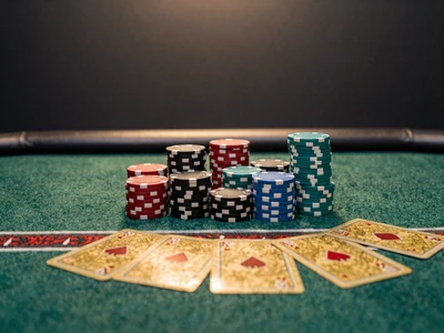 Live-Poker-Tisch mit goldenen Karten und t&uuml;rkisen Chips - Live Casino Hold'em bei Betsson