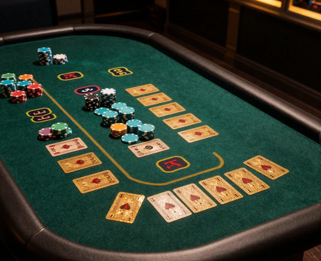 Gr&uuml;ner Filz-Tisch mit t&uuml;rkisen Chips und goldenen Karten von oben - Tischspiele und Roulette Spiel bei Betsson